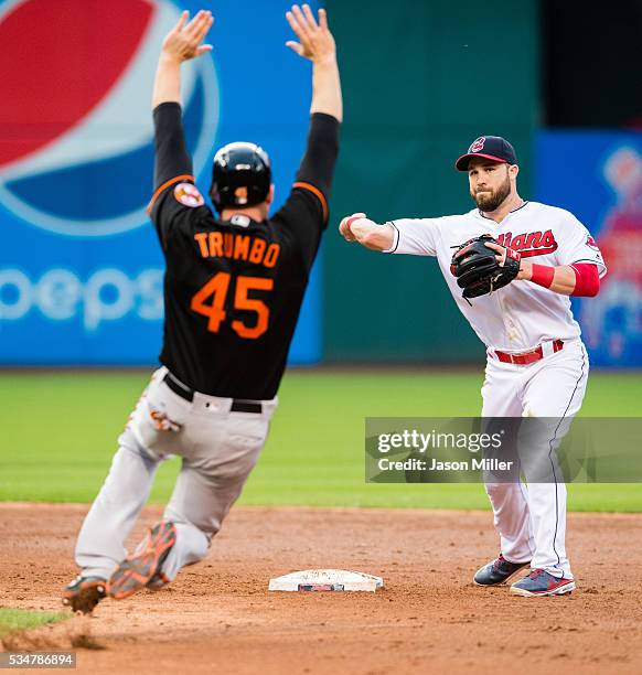 Shortstop Jason Kipnis of the Cleveland Indians throws out Nolan Reimold of the Baltimore Orioles at first as Mark Trumbo is out at second for a...