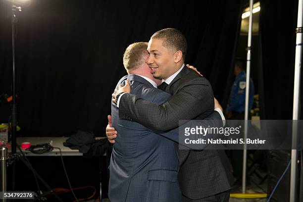 Head coach Tyronn Lue of the Cleveland Cavaliers and General Manager David Griffin celebrate after a victory in Game Six of the Eastern Conference...