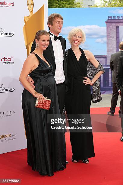 Nina Eichinger,pregnant, her boyfriend Fritz Meinikat and Katja Eichinger, widow of Bernd Eichinger, attend the Lola - German Film Award 2016 on May...