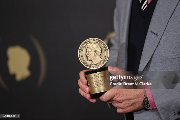 Detail view of the Peabody Award for "The Jinx: The Life and Death of Robert Durst" is seen in the press room during the 75th Annual Peabody Awards...