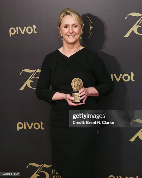 Official recipient for "Wolf Hall", PBS Masterpiece Senior Series Producer Susanne Simpson poses for photographs in the press room during the 75th...