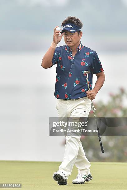 Hiroyuki Fujita of Japan reacts during the 3rd round of the Mizuno Open at JFE Setonaikai Golf Club on May 28, 2016 in Okayama, Japan.