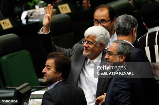 Iranian leading reformist Mp, Mohammad Reza Aref gestures as he attends the opening session of the new parliament in Tehran on May 28, 2016.
