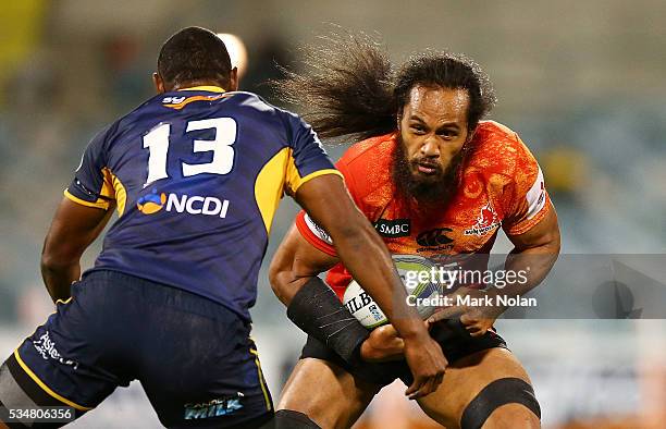 Liaki Moli of the Sunwolves runs the ball during the round 14 Super Rugby match between the Brumbies and the Sunwolves at GIO Stadium on May 28, 2016...