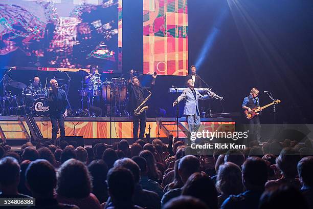 Musicians Tris Imboden, James Pankow, Walfredo Reyes, Jr., Walt Parazaider, Robert Lamm, and Lee Loughnane of Chicago perform in concert at ACL Live...