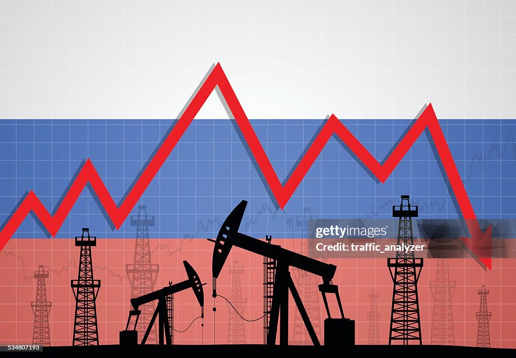 Ölbohrtürme über Russische Flagge