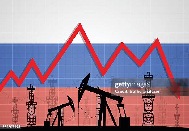 ölbohrtürme über russische flagge - russland stock-grafiken, -clipart, -cartoons und -symbole