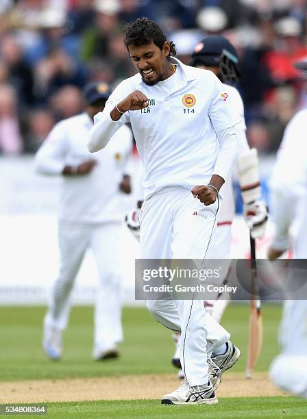 Suranga Lakmal of Sri Lanka celebrates dismissing Chris Woakes of England during day two of the 2nd Investec Test match between England and Sri Lanka...