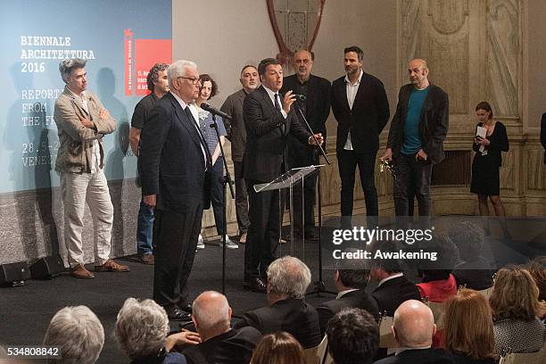 The Italian prime minister Matteo Renzi speaks during the official opening ceremony of the 15th Biennale of Architecture on May 28, 2016 in Venice,...