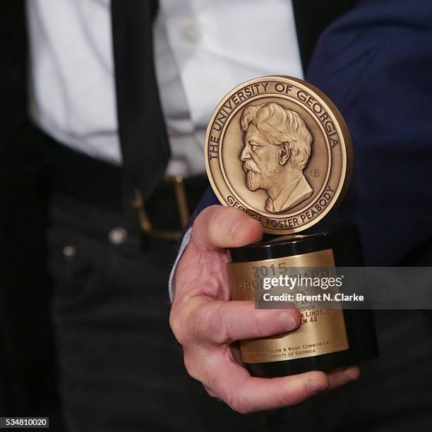 Detail view of the Peabody Award for "The Leftovers" is seen in the press room during the 75th Annual Peabody Awards Ceremony held at Cipriani Wall...