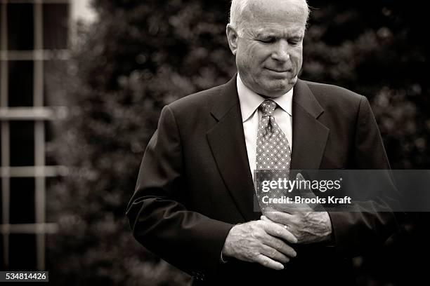 Presidential hopeful Senator John McCain speaks to the press following a meeting with President George W. Bush at the White House in Washington DC....