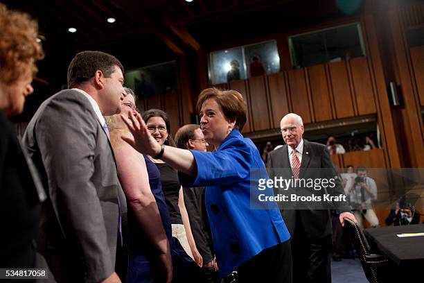 Supreme Court nominee Elena Kagan is greeted by family members and friends as she arrives with U.S. Senate Judiciary Committee Chairman Patrick Leahy...