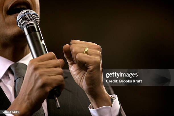 Democratic presidential hopeful Senator Barack Obama speaks at a campaign rally at an arena in Baltimore, Maryland.