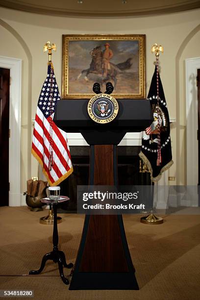 The Presidential podium in the Roosevelt Room of the White House in Washington DC.