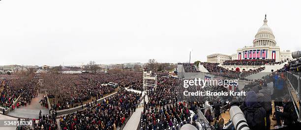 Panoramic composite image of President Barack Obama's Inaugural speech at the ceremonial swearing-in on the West Front of the U.S. Capitol, during...