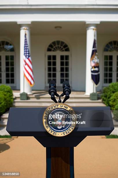 The presidential podium in the Rose Garden at the White House in Washington DC.