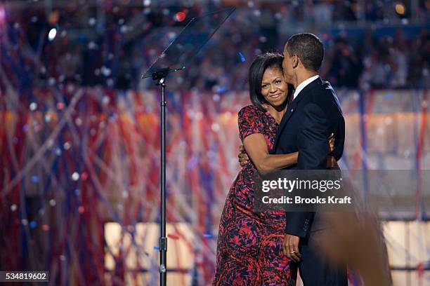 Democratic presidential candidate, Senator Barack Obama with his wife, Michelle Obama after his acceptance speech at the Democratic National...