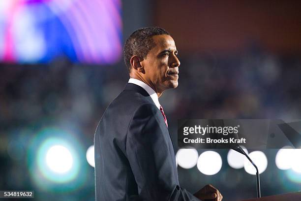 Democratic presidential candidate Senator Barack Obama, addresses the crowd on the final night of the Democratic National Convention at Invesco Field...