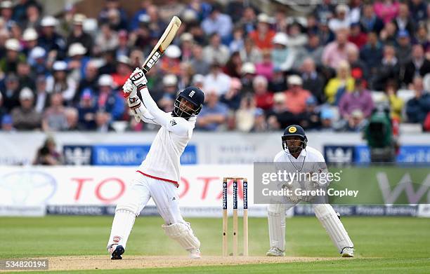 Moeen Ali of England hits out for six runs during day two of the 2nd Investec Test match between England and Sri Lanka at Emirates Durham ICG on May...