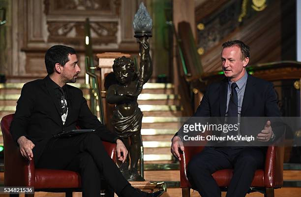 Antrim , Northern Ireland - 28 May 2016; Michael O'Neill, Northern Ireland manager, being interviewed by Colin Murray, fan and celebrity broadcaster,...