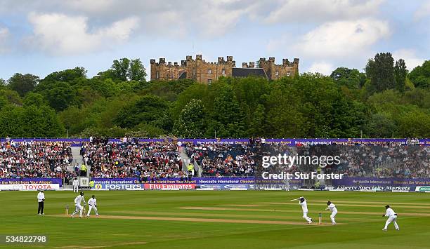 England batsman Moeen Ali picks up some runs in the shadow of Lumley Castle during his stand with Steven Finn during day two of the 2nd Investec Test...