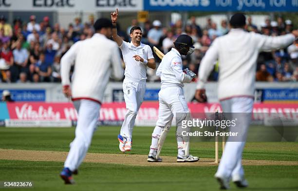 Sri Lanka batsman Dimuth Karunaratne is bowled by James Anderson of England during day two of the 2nd Investec Test match between England and Sri...