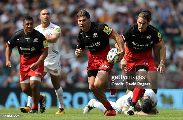 Schalk Brits of Saracens makes a break during the Aviva Premiership final match between Saracens and Exeter Chiefs at Twickenham Stadium on May 28,...