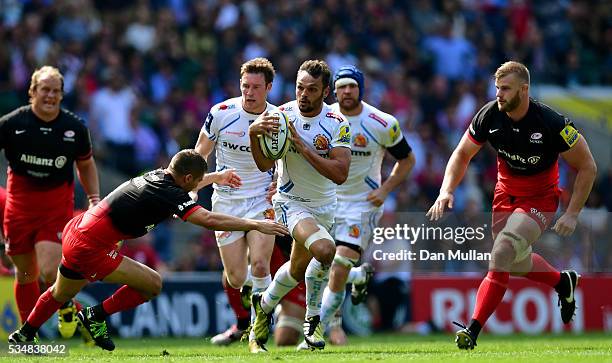 Phil Dollman of Exeter Chiefs runs with the ball during the Aviva Premiership final match between Saracens and Exeter Chiefs at Twickenham Stadium on...