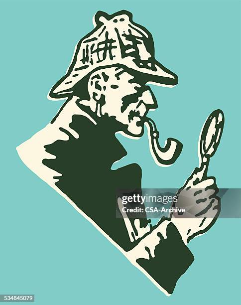 detective with pipe and magnifying glass - trench coat stock illustrations