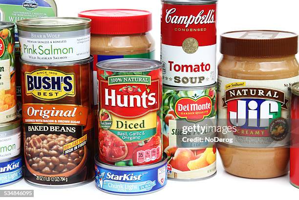 closeup assortment of groceries - canned food drive stock pictures, royalty-free photos & images