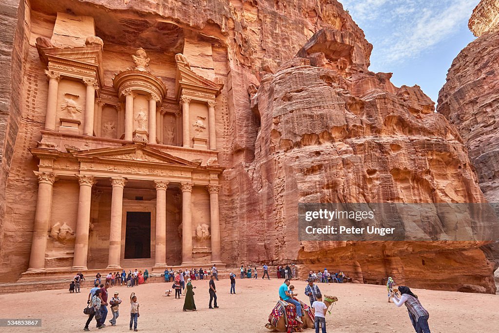 Camels and tourists at the Treasury of Petra