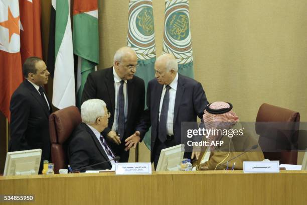 Palestinian president Mahmud Abbas and Palestinian chief negotiator, Secretary General of the Palestine Liberation Organisation , Saeb Erekat , Arab...