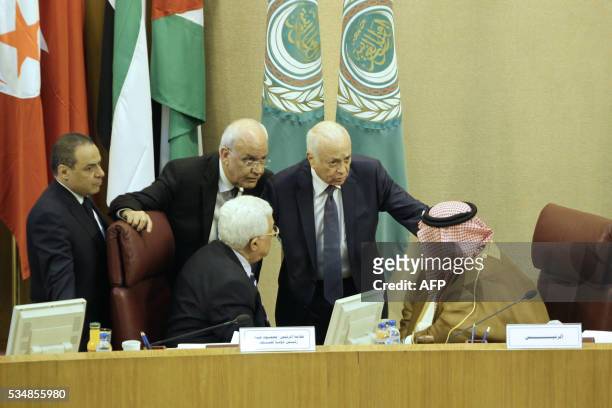 Palestinian president Mahmud Abbas and Palestinian chief negotiator, Secretary General of the Palestine Liberation Organisation , Saeb Erekat , Arab...
