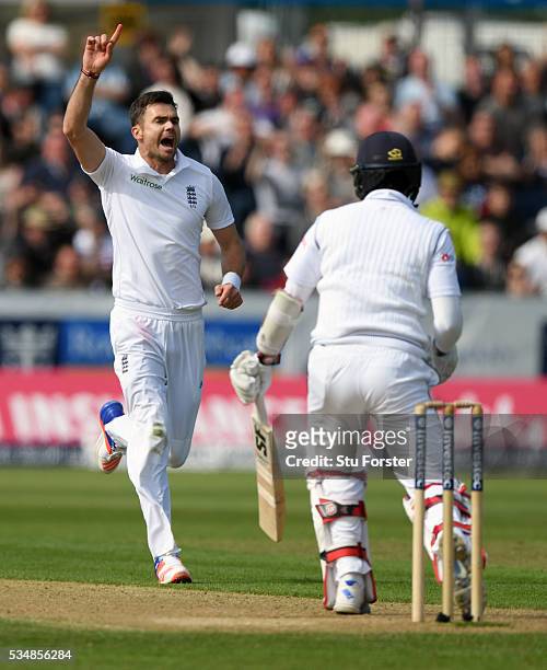 Sri Lanka batsman Dinesh Chandimal is dismissed by James Anderson of England during day two of the 2nd Investec Test match between England and Sri...