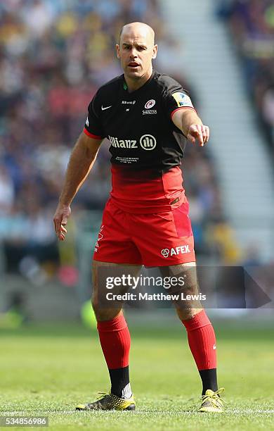 Charlie Hodgson of Saracens in action in his last ever appearance during the Aviva Premiership final match between Saracens and Exeter Chiefs at...