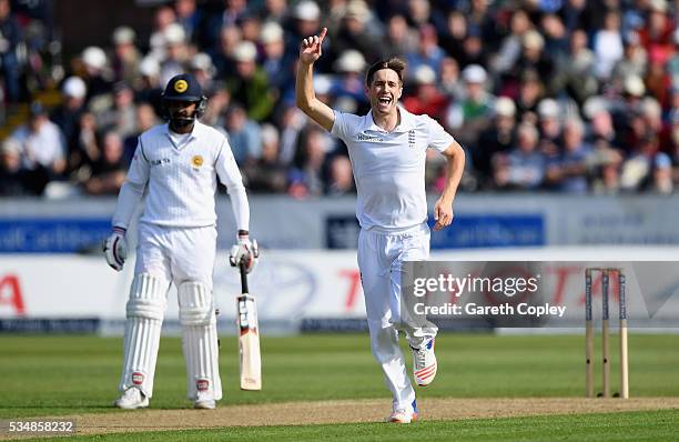 Chris Woakes of England celebrates dismissing Milinda Siriwardana of Sri Lanka during day two of the 2nd Investec Test match between England and Sri...