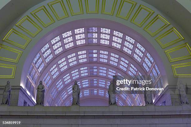 ceiling and statues, union station, washington dc - union station stock pictures, royalty-free photos & images