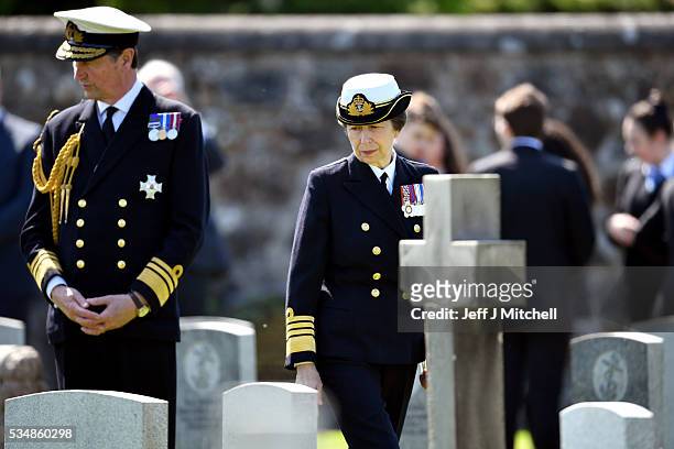 Princess Anne, Princess Royal and Vice Admiral Sir Tim Laurence attend a service at a war graves cemetery to mark the Battle of Jutland on May 28,...
