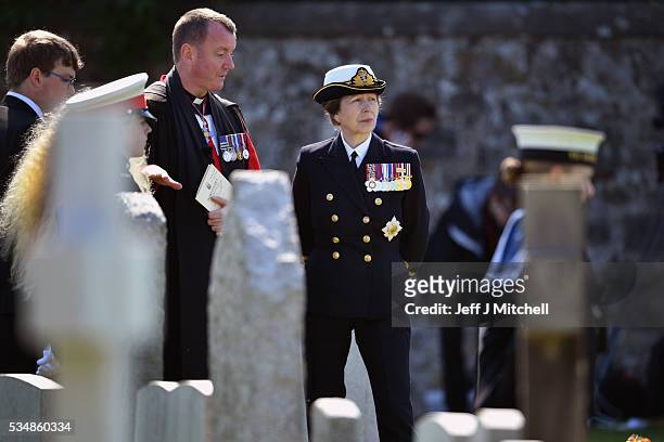 Princess Anne, Princess Royal looks on during a service at a war graves cemetery to mark the Battle of Jutland on May 28, 2016 in South...