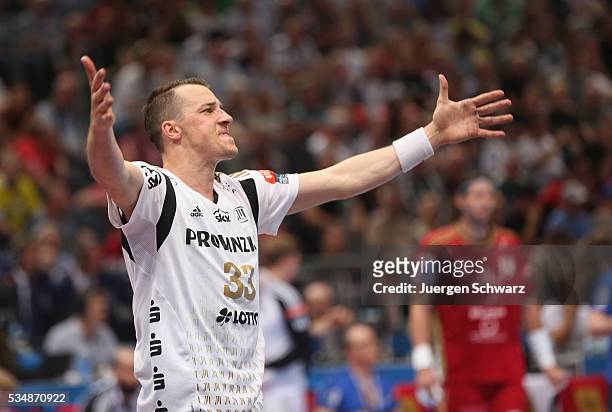 Dominik Klein of Kiel celebrates during the second semi-final of the EHF Final4 between THW Kiel and MVM Veszprem on May 28, 2016 in Cologne, Germany.