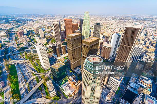 los angeles california downtown skyscrapers cityscape panorama skyline aerial - us bank tower stock pictures, royalty-free photos & images