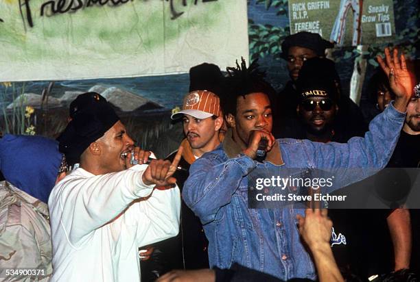 Charlie Brown and Busta Rhymes of Leaders of the New School perform at Wetlands Preserve, New York, 1990s.
