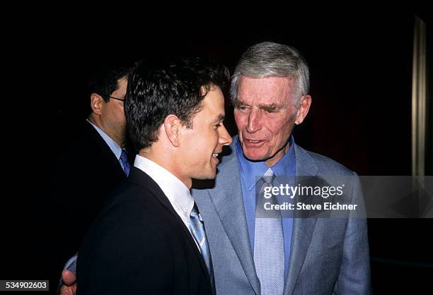 Mark Wahlberg and Charlton Heston at premiere of 'Planet of the Apes,' New York, July 23, 2001.