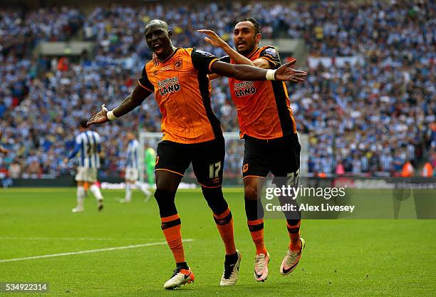 Mohamed Diame of Hull City celebrates scoring his team's first goal with his team mate Ahmed Elmohamady during Sky Bet Championship Play Off Final...