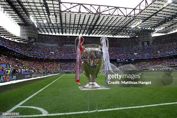The UEFA Champions League trophy is displayed prior to the UEFA Champions League Final match between Real Madrid and Club Atletico de Madrid at...