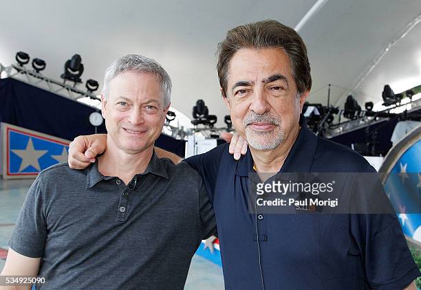 Actors and show hosts Gary Sinise and Joe Mantegna pose for a photo during the 27th National Memorial Day Concert Rehearsals on May 28, 2016 in...