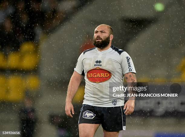 Agen's Portuguese hooker Mike Tadjer looks on during the French Top 14 rugby union match between Agen and Stade Français on May 28, 2016 at the...