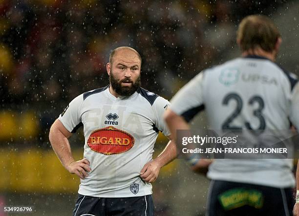 Agen's Portuguese hooker Mike Tadjer reacts during the French Top 14 rugby union match between Agen and Stade Français on May 28, 2016 at the MMArena...