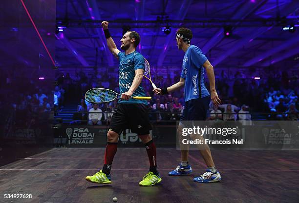 Gregory Gaultier of France celebrates a point during the men's final match of the PSA Dubai World Series Finals 2016 at Burj Park on May 28, 2016 in...