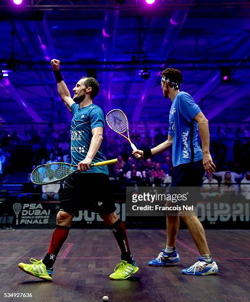 Gregory Gaultier of France celebrates a point during the men's final match of the PSA Dubai World Series Finals 2016 at Burj Park on May 28, 2016 in...